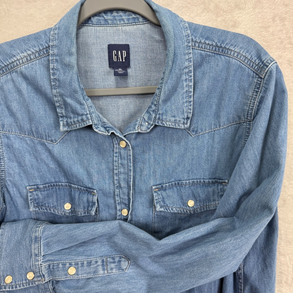 Gap Mens Blue Denim Western Shirt Pearl Snap Long Sleeve Cotton XL
